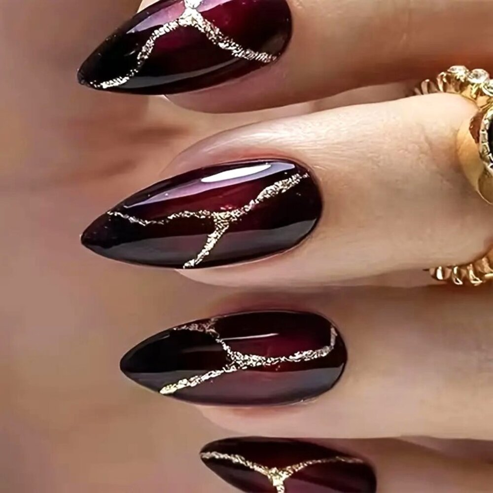 Nails Glitter Fake Press On 24 Glossy Goth Trendy Stylish Sexy Glam Dk Red Vamp - Picture 6 of 6